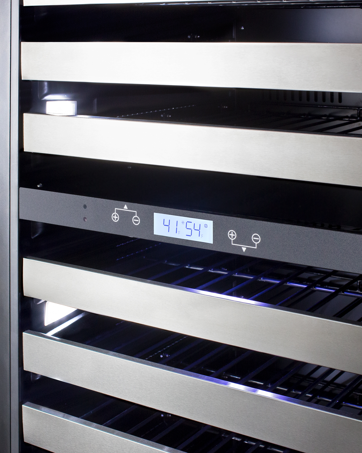 Triple zone 149 bottle commercial wine cellar for built-in or freestanding use, with a glass door with seamless stainless steel trim and stainless steel cabinet, digital thermostats, full-extension shelving, and factory-installed lock